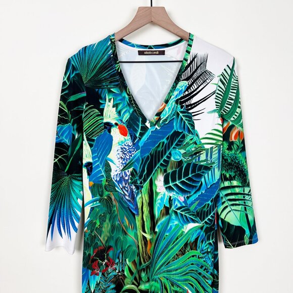 Roberto Cavalli Tropical Floral & Animal Print Midi Dress Cocktail Party Beach - Picture 4 of 13